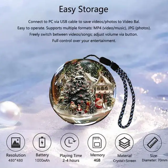 Alt view image 4 of 6 - Memory Orb Video Player 2.7" HD Screen, No App/WiFi (USB Upload), 4GB Digital Frame, Rechargeable Crystal Ball Keepsake for Wedding, Ultrasound, Pet Memorial & Valentine's Gift (White)