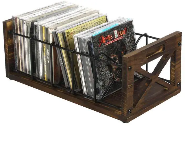 Main image of CD Storage Holder, 5-Slot Farmhouse Industrial CD & DVD Storage Rack with Handles, Barn Door X-Cross Design, Rustic Solid Burnt Wood and Black Metal Wire