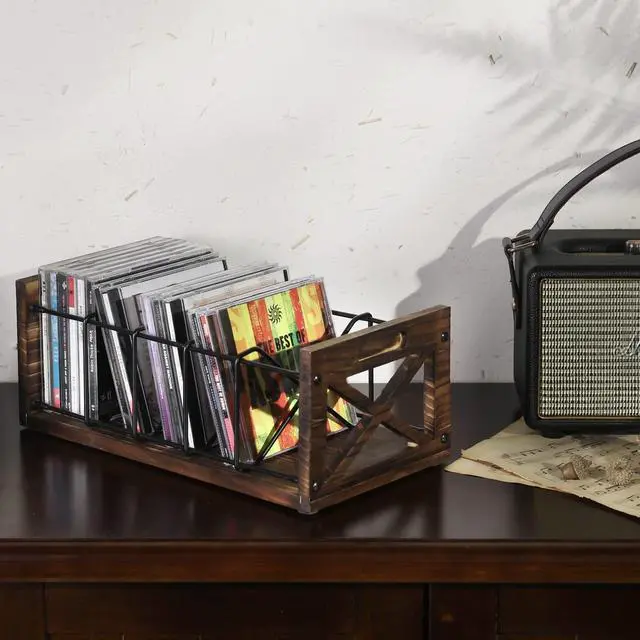 Alt view image 3 of 6 - CD Storage Holder, 5-Slot Farmhouse Industrial CD & DVD Storage Rack with Handles, Barn Door X-Cross Design, Rustic Solid Burnt Wood and Black Metal Wire
