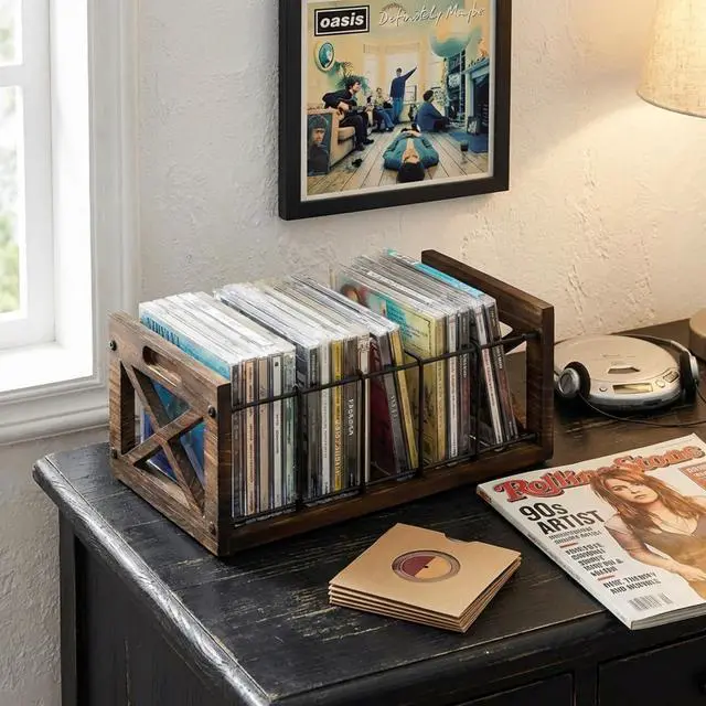 Alt view image 4 of 6 - CD Storage Holder, 5-Slot Farmhouse Industrial CD & DVD Storage Rack with Handles, Barn Door X-Cross Design, Rustic Solid Burnt Wood and Black Metal Wire