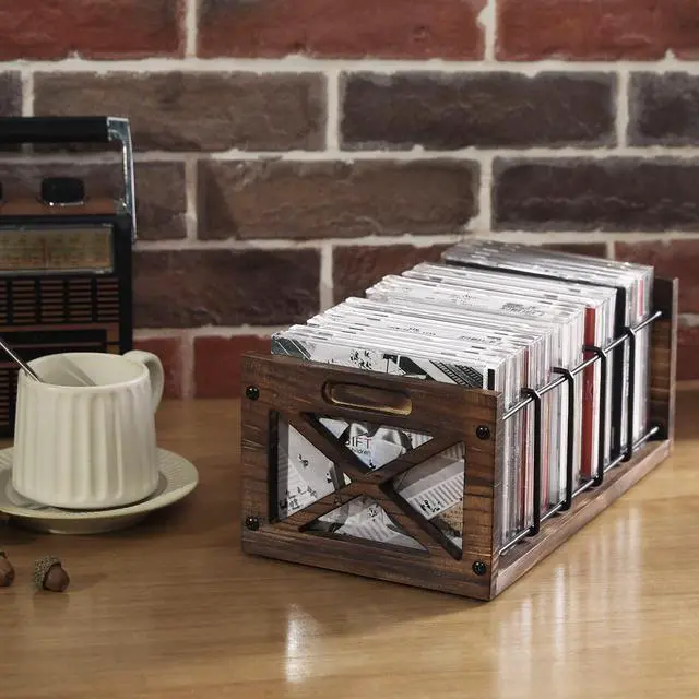 Alt view image 5 of 6 - CD Storage Holder, 5-Slot Farmhouse Industrial CD & DVD Storage Rack with Handles, Barn Door X-Cross Design, Rustic Solid Burnt Wood and Black Metal Wire