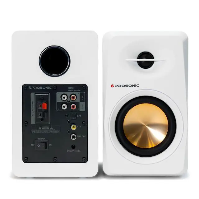 Alt view image 2 of 6 - Prosonic BT30 White Bookshelf Speakers - Active Bluetooth 5.3 Powered Studio Monitors, 80W Desktop Computer Audio System with Optical/Coaxial/Aux for Turntable, Home Theater, TV & PC
