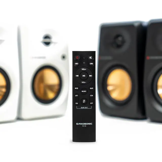 Alt view image 6 of 6 - Prosonic BT30 White Bookshelf Speakers - Active Bluetooth 5.3 Powered Studio Monitors, 80W Desktop Computer Audio System with Optical/Coaxial/Aux for Turntable, Home Theater, TV & PC