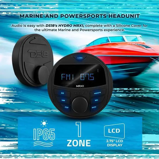 Alt view image 2 of 6 - Hydro MRX1 Marine Radio Headunit LCD Screen, Bluetooth, IP65 Waterproof Weatherproof, AM FM Radio, USB, 1 Zones, 4 Volts Preamp Outputs, RDS 4X40 Watts