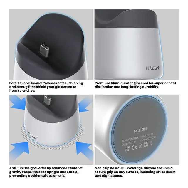 Alt view image 5 of 6 - RayDock Charging Stand for Ray-Ban Meta Glasses Case (Gen 1 & 2) | Aluminum, LED Light Charging Dock, Stable Anti-Slip, Smart Glasses Accessories, Display for Home & Office, Silver