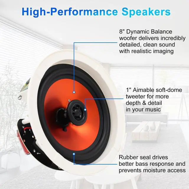Alt view image 2 of 6 - 8 Inch 400 Watts High Power Ceiling Speakers - Flush Mount, Crisp Sound for Home Theater, Living Room, Office, Kitchen & Covered Patio(1 Pair