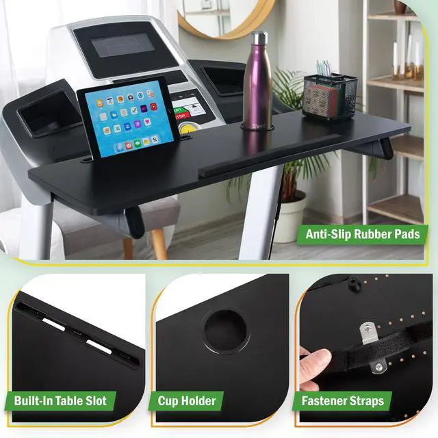 Alt view image 3 of 6 - Treadmill Desk Attachment - Universal Treadmill Laptop Holder Workstation Platform for Notebooks or Laptops with Tablet or Phone Holder and Cupholder, Fits Handlebars up to 34 Wide by (Black)