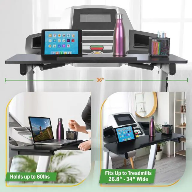 Alt view image 5 of 6 - Treadmill Desk Attachment - Universal Treadmill Laptop Holder Workstation Platform for Notebooks or Laptops with Tablet or Phone Holder and Cupholder, Fits Handlebars up to 34 Wide by (Black)