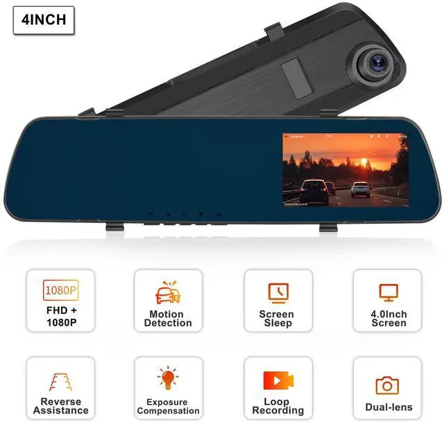 Alt view image 6 of 6 - Mirror Dash Cam Front and Rear Dash Car Camera 4 inch 1080P IPS Screen Rear View Mirror Dash Cam Mount with Loop Recording Motion Detection Reverse Assistance