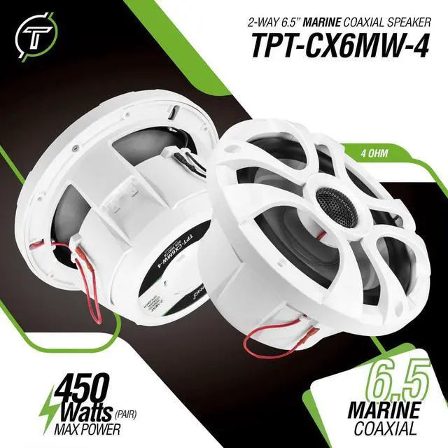 Alt view image 2 of 6 - 6.5 Marine Speakers 450 Watt Per Pair TPT-CX6MW-4 Coaxial 2 Way Waterproof Speakers, 1 Pair, White, Weather Resistant Marine Speakers 6.5 Inch for Boat, ATV or RV Speakers, Bocinas Marinas