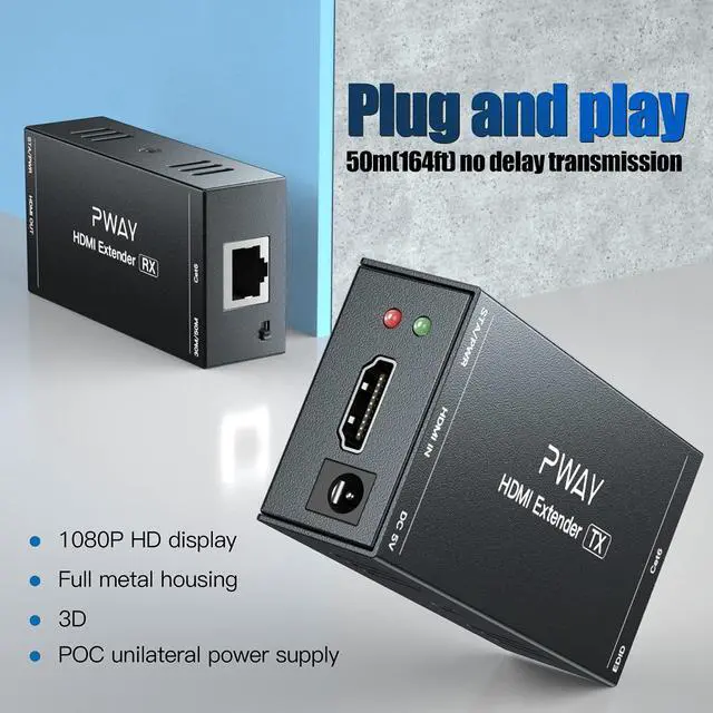 Alt view image 2 of 6 - HDMI Extender 165ft Over Single Cat5e/6 Ethernet, Extend 1080P@60Hz Video No Delay, Transmit Audio Video Synchronously, Support 3D, POC, EDID
