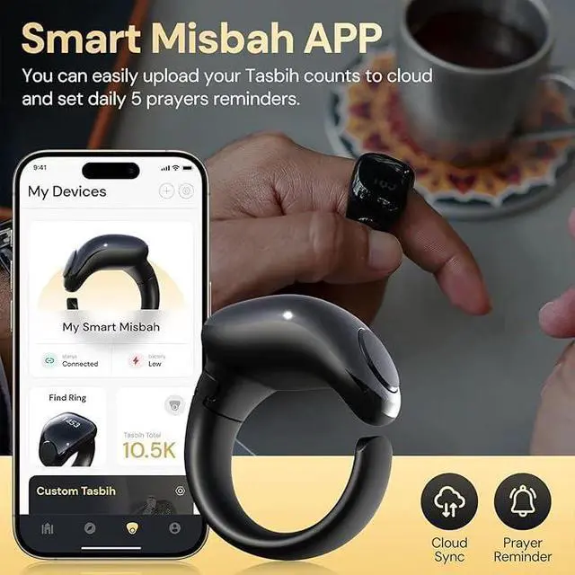 Alt view image 4 of 5 - Tasbih Zikr Smart Ring Clock, Adjustable Counter, 3 Sizes (18/20/22mm), APP Support Digital Counter Prayer Reminder Ring, Waterproof 4 Digit Finger Counter Zikr Ring for Muslims (Black)