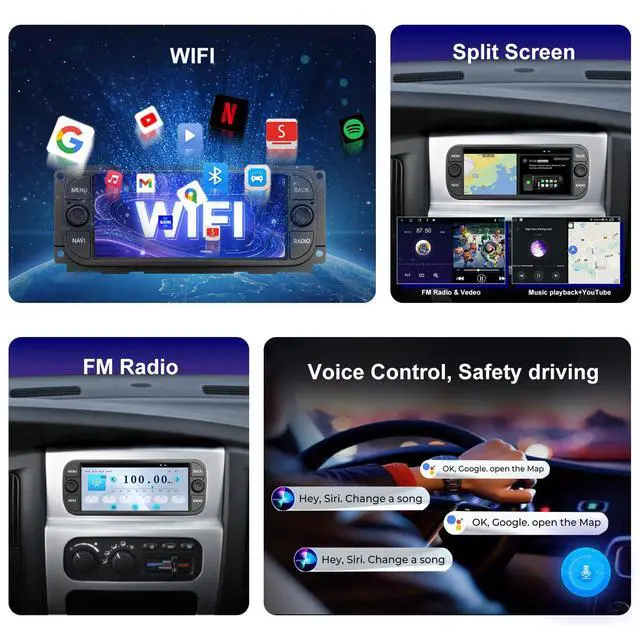 Alt view image 4 of 6 - QLED Radio for Dodge RAM 2002-2006,Jeep Wrangler 2003-2006,Grand Cherokee 1999-2004, Chrysler 300 2002-2004,Touch Screen Stereo Replacement,Wireless carplay Android auto,Free Camera