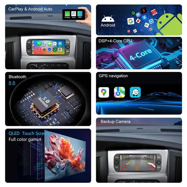 Alt view image 5 of 6 - QLED Radio for Dodge RAM 2002-2006,Jeep Wrangler 2003-2006,Grand Cherokee 1999-2004, Chrysler 300 2002-2004,Touch Screen Stereo Replacement,Wireless carplay Android auto,Free Camera