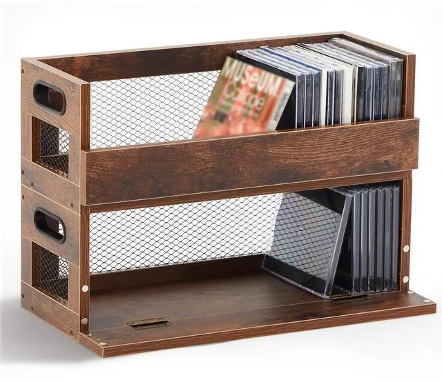 Main image of 2 Set Retro CD Storage Box, Holds 72 CDs(36 Each),Vintage Brown | Metal & Wood CD Shelf Holder with Magnetic Front Flap and Handles, Cassette Tape,DVD,Movie Cases Rack Organizer