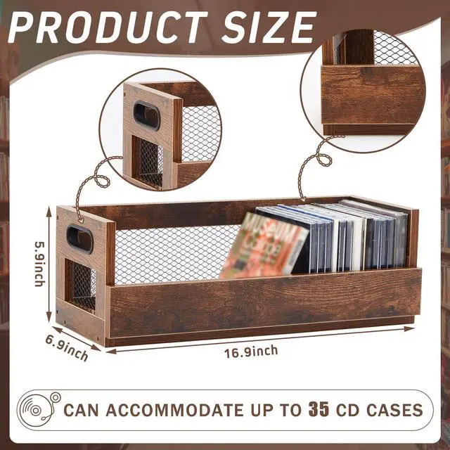 Alt view image 2 of 6 - 2 Set Retro CD Storage Box, Holds 72 CDs(36 Each),Vintage Brown | Metal & Wood CD Shelf Holder with Magnetic Front Flap and Handles, Cassette Tape,DVD,Movie Cases Rack Organizer