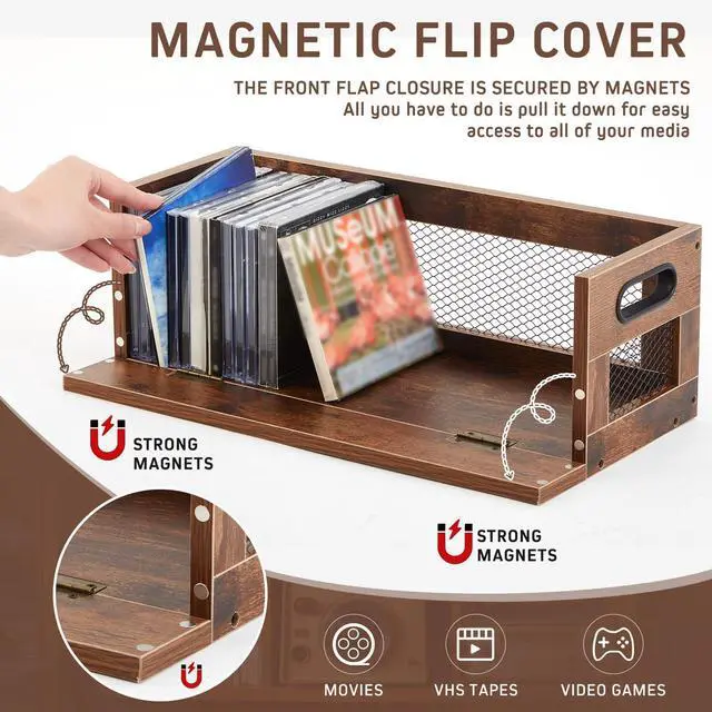 Alt view image 3 of 6 - 2 Set Retro CD Storage Box, Holds 72 CDs(36 Each),Vintage Brown | Metal & Wood CD Shelf Holder with Magnetic Front Flap and Handles, Cassette Tape,DVD,Movie Cases Rack Organizer