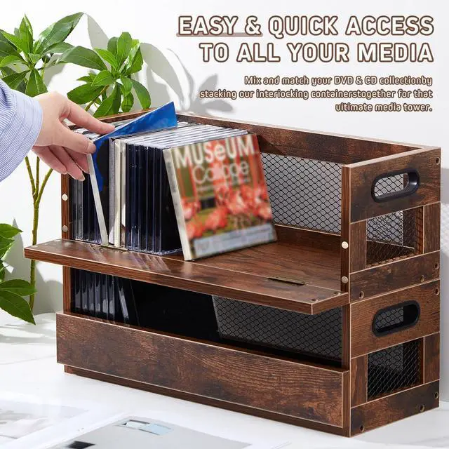 Alt view image 4 of 6 - 2 Set Retro CD Storage Box, Holds 72 CDs(36 Each),Vintage Brown | Metal & Wood CD Shelf Holder with Magnetic Front Flap and Handles, Cassette Tape,DVD,Movie Cases Rack Organizer