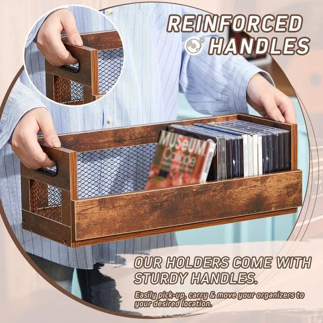 Alt view image 5 of 6 - 2 Set Retro CD Storage Box, Holds 72 CDs(36 Each),Vintage Brown | Metal & Wood CD Shelf Holder with Magnetic Front Flap and Handles, Cassette Tape,DVD,Movie Cases Rack Organizer