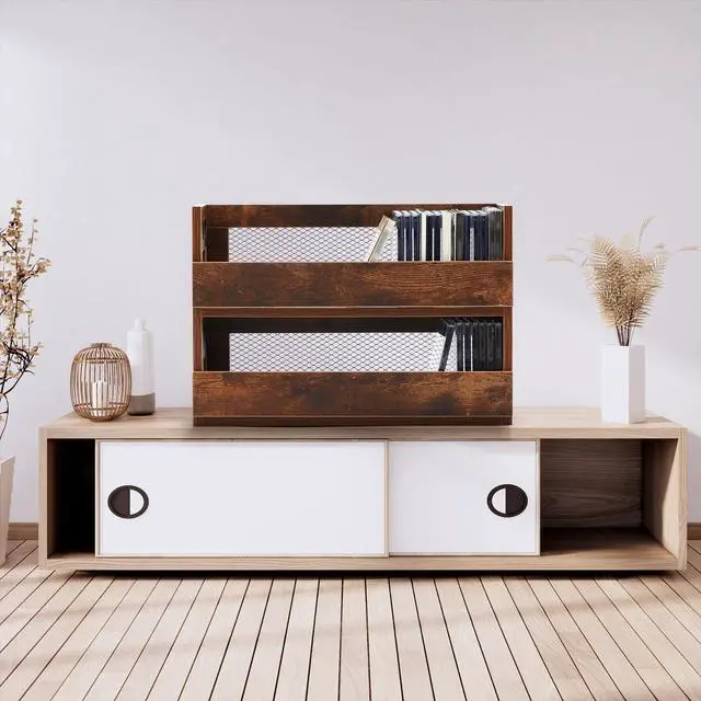 Alt view image 6 of 6 - 2 Set Retro CD Storage Box, Holds 72 CDs(36 Each),Vintage Brown | Metal & Wood CD Shelf Holder with Magnetic Front Flap and Handles, Cassette Tape,DVD,Movie Cases Rack Organizer