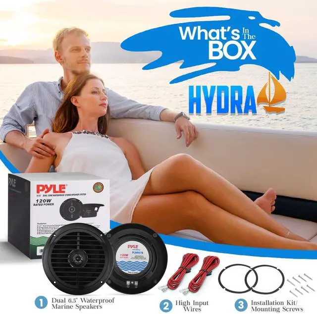 Alt view image 2 of 6 - 6.5 Inch Dual Marine Speakers - 2 Way Waterproof and Weather Resistant Outdoor Audio Stereo Sound System with 120 Watt Power, Polyprone Cone and Cloth Surround - 1 Pair - PLMR67B (Black)