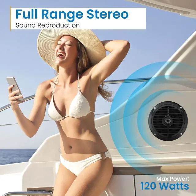 Alt view image 5 of 6 - 6.5 Inch Dual Marine Speakers - 2 Way Waterproof and Weather Resistant Outdoor Audio Stereo Sound System with 120 Watt Power, Polyprone Cone and Cloth Surround - 1 Pair - PLMR67B (Black)