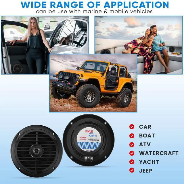 Alt view image 6 of 6 - 6.5 Inch Dual Marine Speakers - 2 Way Waterproof and Weather Resistant Outdoor Audio Stereo Sound System with 120 Watt Power, Polyprone Cone and Cloth Surround - 1 Pair - PLMR67B (Black)