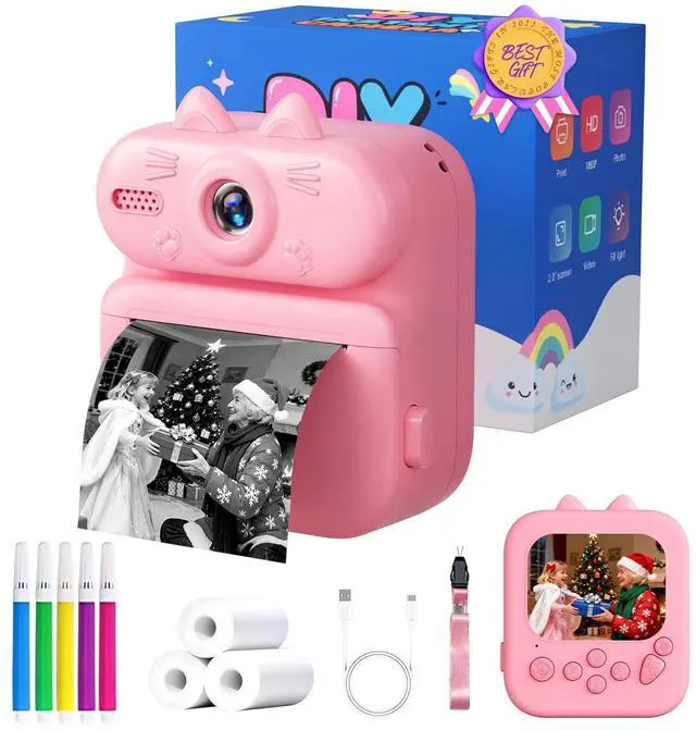 Main image of Kids Camera Instant Print: 1080P Camera for Kids, Pink Cat | Instant Camera, 32G SD Card - Lanyard - Christmas Birthday Gifts for Girls Boys - Portable Toy for 3 4 5 6 7 8 9 10 Years Old