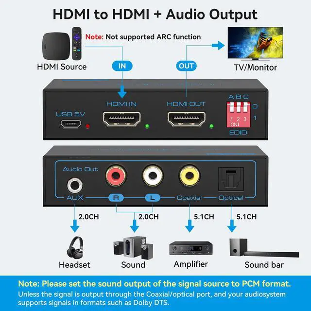 Alt view image 2 of 6 - 8K HDMI 2.1 Audio Extractor 4K120Hz to Optical 3.5mm AUX Adapter Splitter Converter Supports HDCP Digital DTS 5.1 PCM for PS4 PS5 Xbox