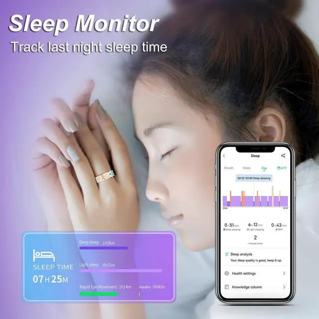 Alt view image 4 of 6 - Smart Rings for Women Fitness Ring Heart Rate Monitor Sleep Tracker Blood Pressure Health Ring Step Counter Calories Pedometer Waterproof Retro Vintage Ladies Anillo Inteligente