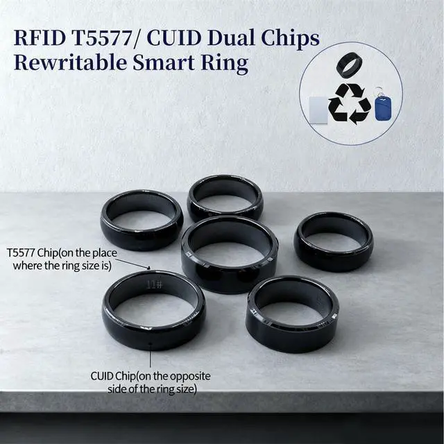 Alt view image 2 of 6 - RFID Rewritable Ring RFID Dual Frequency Ring Black US#6 | RFID Ring, 13.56MHz CUID&125KHz T5577 Access Key Cards in One Ring, Ceramic Smart Finger Ring Wear for Men or Women