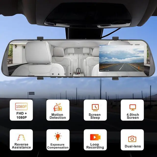 Alt view image 2 of 6 - Mirror Dash Cam 4 Inch Rear View Mirror Camera 1080P Front and Rear View Dual Cameras with 32G Card, Motion Detection, Night Vision, Parking Assistance, Loop Recording