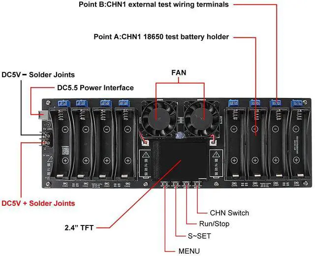 Alt view image 4 of 6 - 8 Channel 18650 Battery Capacity Tester, Automatic Charge Discharge Module with Internal Resistance Test for Flat Top Batteries, Type-C Powered Lithium Battery Analyzer