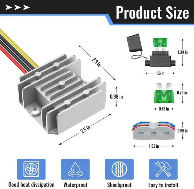Alt view image 2 of 6 - 12V 10A 120W DC to DC Converter, 17-65V to 12V Voltage Reducer | 12V Step Down Converter, Waterproof Aluminum Case, Fuse Holder & 14AWG Wire for Golf Carts, Trucks, Vehicles, DIY