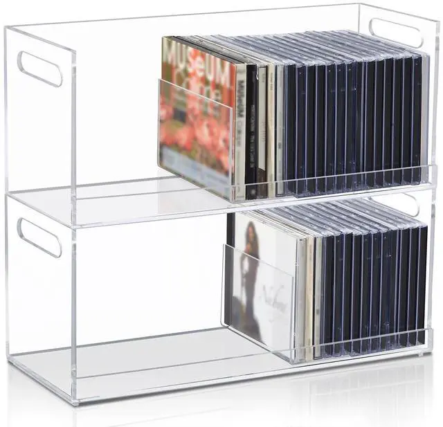 Main image of 2 Pcs Acrylic Cd Storage Box, Clear Acrylic Stackable Cd Holder Racks with Cutout Carrying Handles, Organizer Shelf for Media, Movie Cases, Dvds Organizer