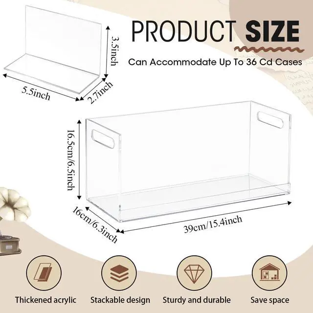 Alt view image 2 of 6 - 2 Pcs Acrylic Cd Storage Box, Clear Acrylic Stackable Cd Holder Racks with Cutout Carrying Handles, Organizer Shelf for Media, Movie Cases, Dvds Organizer