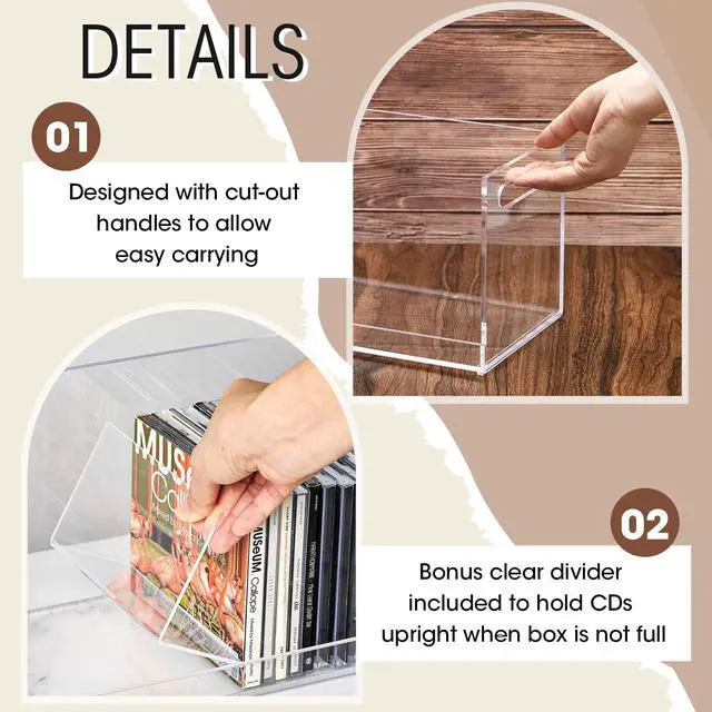 Alt view image 3 of 6 - 2 Pcs Acrylic Cd Storage Box, Clear Acrylic Stackable Cd Holder Racks with Cutout Carrying Handles, Organizer Shelf for Media, Movie Cases, Dvds Organizer