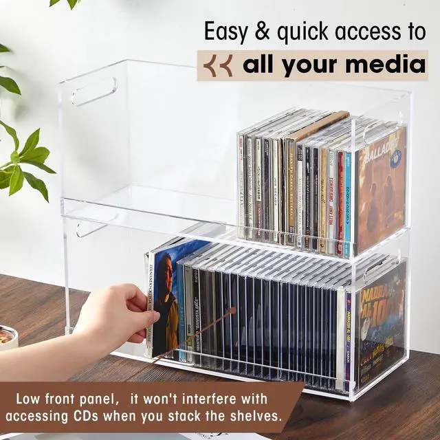 Alt view image 4 of 6 - 2 Pcs Acrylic Cd Storage Box, Clear Acrylic Stackable Cd Holder Racks with Cutout Carrying Handles, Organizer Shelf for Media, Movie Cases, Dvds Organizer