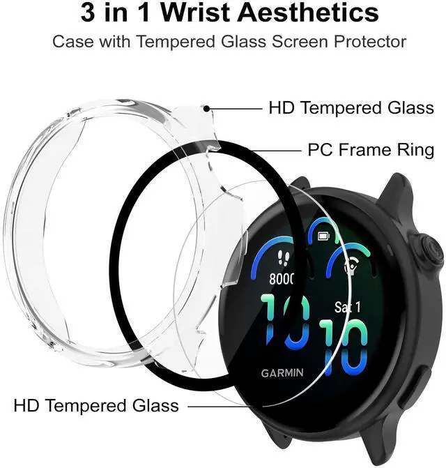 Alt view image 3 of 6 - Case Compatible with Garmin vivoactive 6 with Screen Protector, 4-Pack Hard PC Cover HD Tempered Glass Case Anti-scratch Full Protection Shell for Garmin vivoactive 6 (Black+Pink+Beige+Clear)