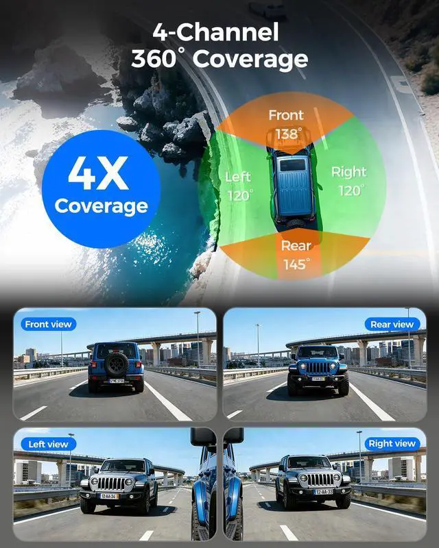 Alt view image 2 of 6 - 4 Channel Mirror Dash Cam Detached Camera for Cars,1080P Front Rear Left Right Dash Camera for Car,12'' Rear View Mirror Camerawith 128GB Card, Night Vision, G-Sensor