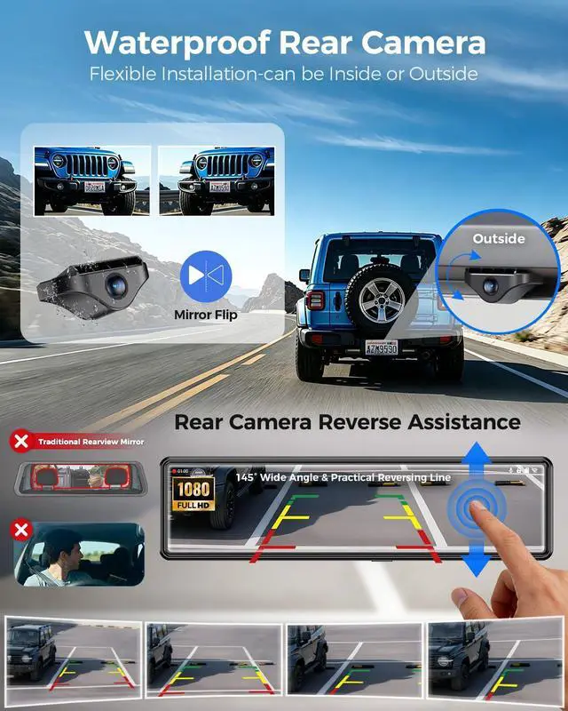 Alt view image 4 of 6 - 4 Channel Mirror Dash Cam Detached Camera for Cars,1080P Front Rear Left Right Dash Camera for Car,12'' Rear View Mirror Camerawith 128GB Card, Night Vision, G-Sensor