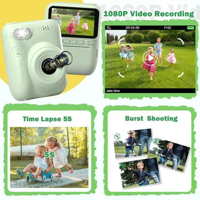 Alt view image 4 of 6 - Kids Camera Instant Print | Birthday Graduation Gifts for Kids Age 3 4 5 6 7 8 9 | Toddler Portable Travel Print Digital Camera Outdoor Toy for 3-12 Boys Girls (Green)