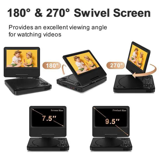 Alt view image 2 of 6 - 9.5" Portable DVD Player for Car with 7.5" Swivel Screen | 5-Hour Battery, Dual Speakers, 270° Swivel, Region Free, Sync to TV, Supports USB/SD, for Kids Travel & Road Trip