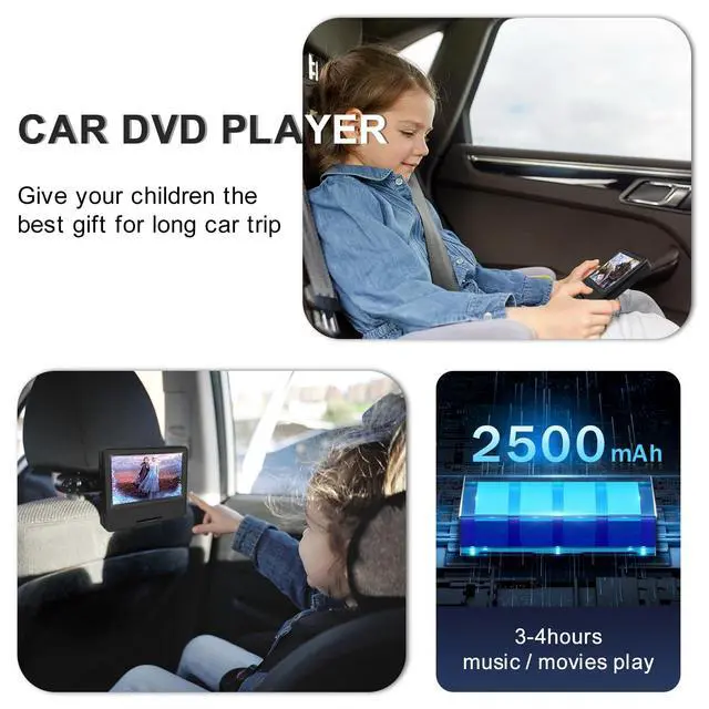 Alt view image 4 of 6 - 9.5" Portable DVD Player for Car with 7.5" Swivel Screen | 5-Hour Battery, Dual Speakers, 270° Swivel, Region Free, Sync to TV, Supports USB/SD, for Kids Travel & Road Trip