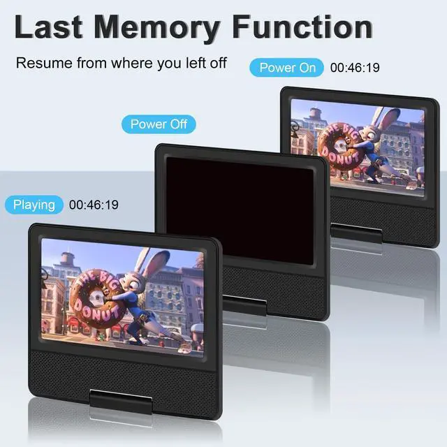 Alt view image 5 of 6 - 9.5" Portable DVD Player for Car with 7.5" Swivel Screen | 5-Hour Battery, Dual Speakers, 270° Swivel, Region Free, Sync to TV, Supports USB/SD, for Kids Travel & Road Trip