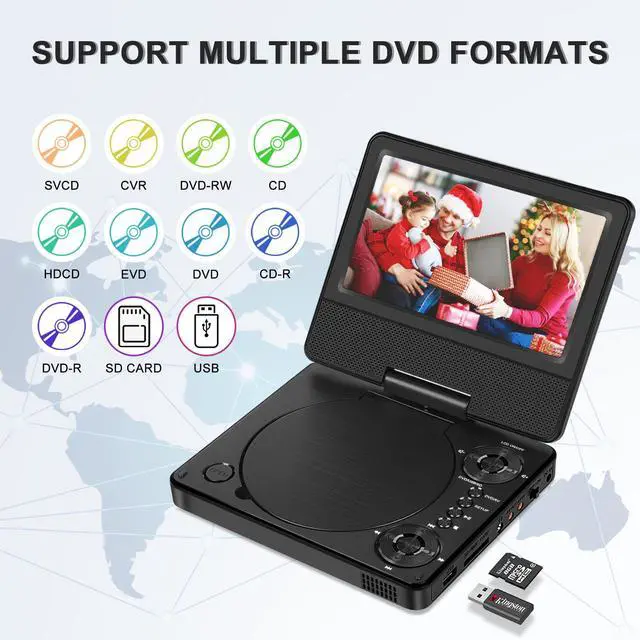 Alt view image 6 of 6 - 9.5" Portable DVD Player for Car with 7.5" Swivel Screen | 5-Hour Battery, Dual Speakers, 270° Swivel, Region Free, Sync to TV, Supports USB/SD, for Kids Travel & Road Trip