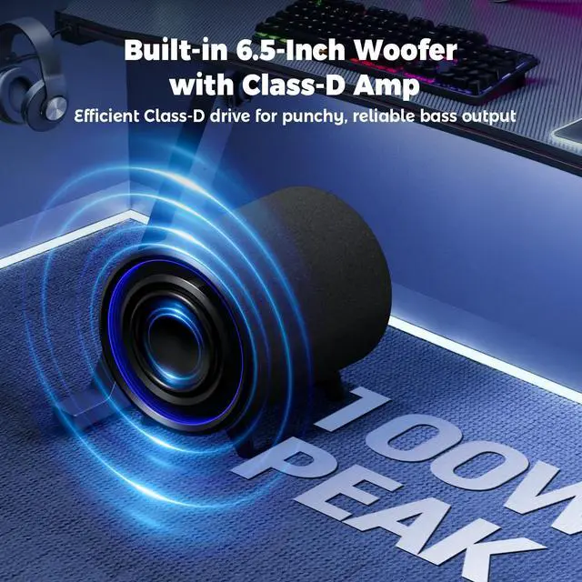 Alt view image 2 of 6 - Powered Subwoofer, 100W Peak Sub with DSP, 6.5 Subs with Infinity Mirror - 3D Tunnel Light, 6 LED Home Theater Subwoofers, 40Hz-250Hz, Class-D Amp, Low Pass dial, Phase Switch