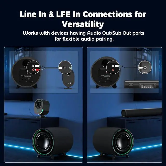 Alt view image 6 of 6 - Powered Subwoofer, 100W Peak Sub with DSP, 6.5 Subs with Infinity Mirror - 3D Tunnel Light, 6 LED Home Theater Subwoofers, 40Hz-250Hz, Class-D Amp, Low Pass dial, Phase Switch