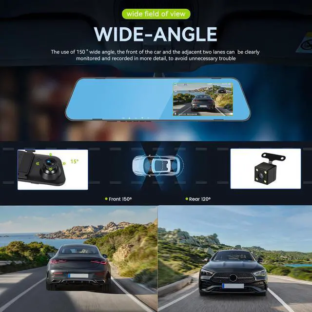 Alt view image 2 of 6 - 4.5 Inch Mirror Dash Cam Backup Camera 1080P Front and Rear View Mirror Camera for Cars Dual Lens Cam Loop Recording 150°Wide Angle G-Sensor Parking Assistance