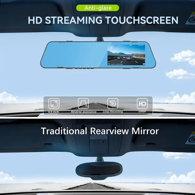 Alt view image 5 of 6 - 4.5 Inch Mirror Dash Cam Backup Camera 1080P Front and Rear View Mirror Camera for Cars Dual Lens Cam Loop Recording 150°Wide Angle G-Sensor Parking Assistance